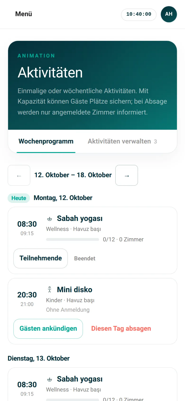 Veranstaltungen: Wochenprogramm und Plätze
