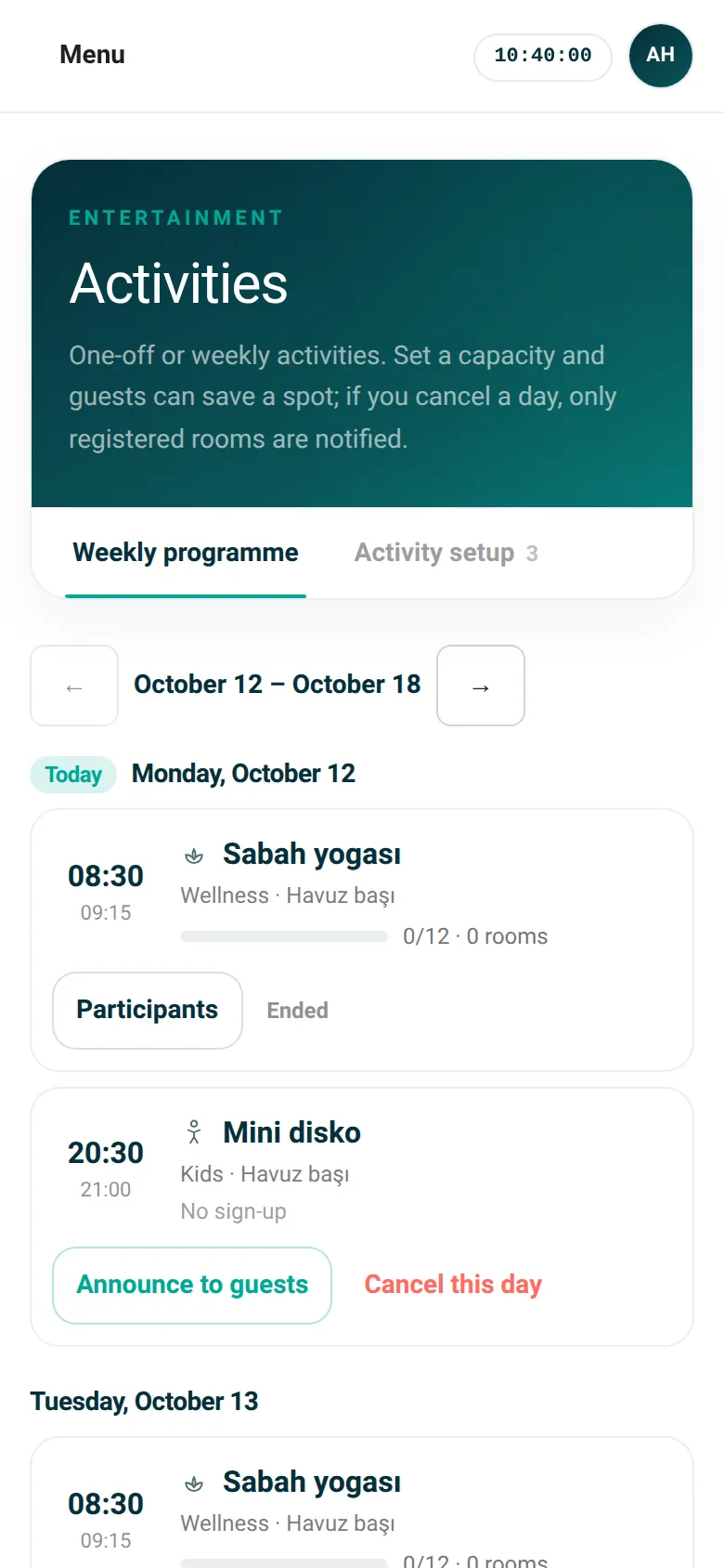 Events: weekly programme and capacity