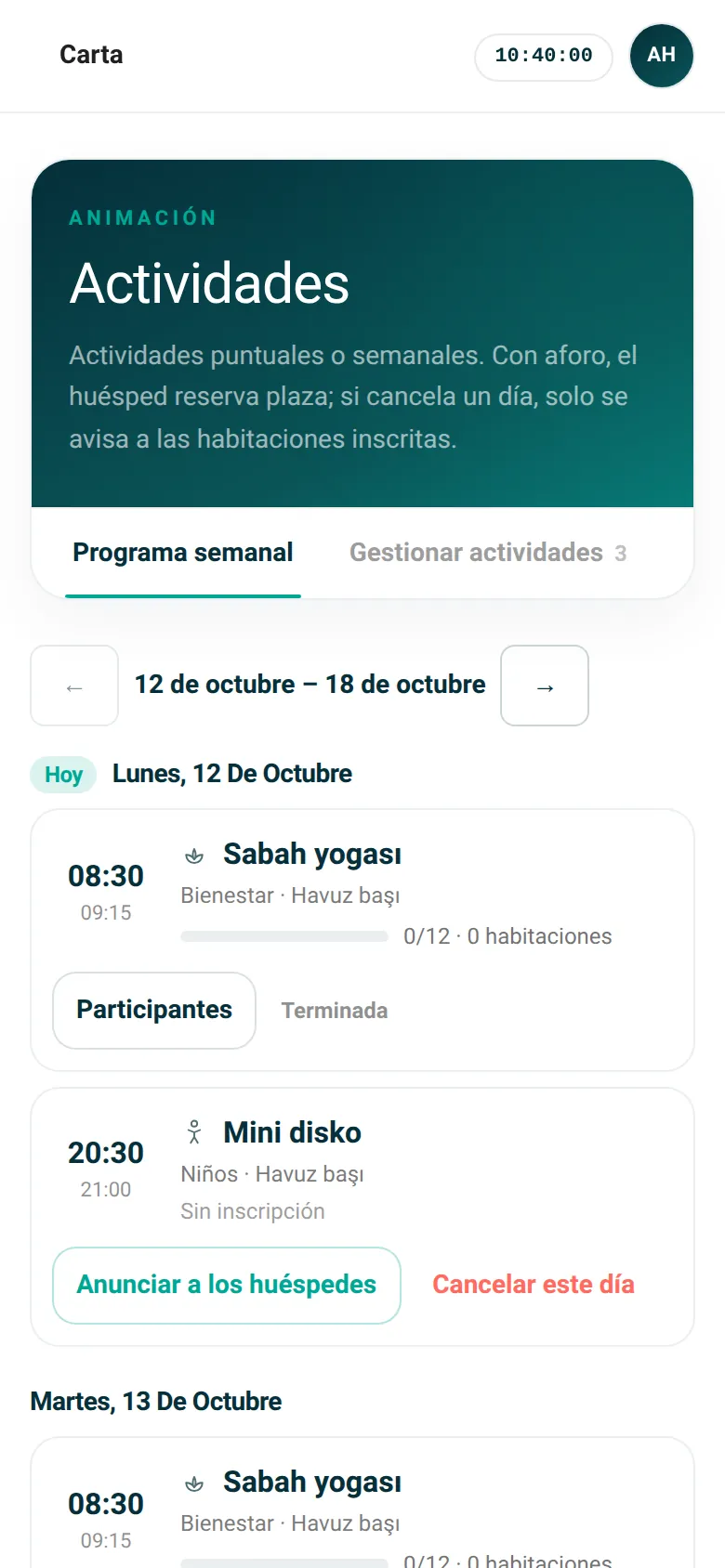 Actividades: programa semanal y plazas