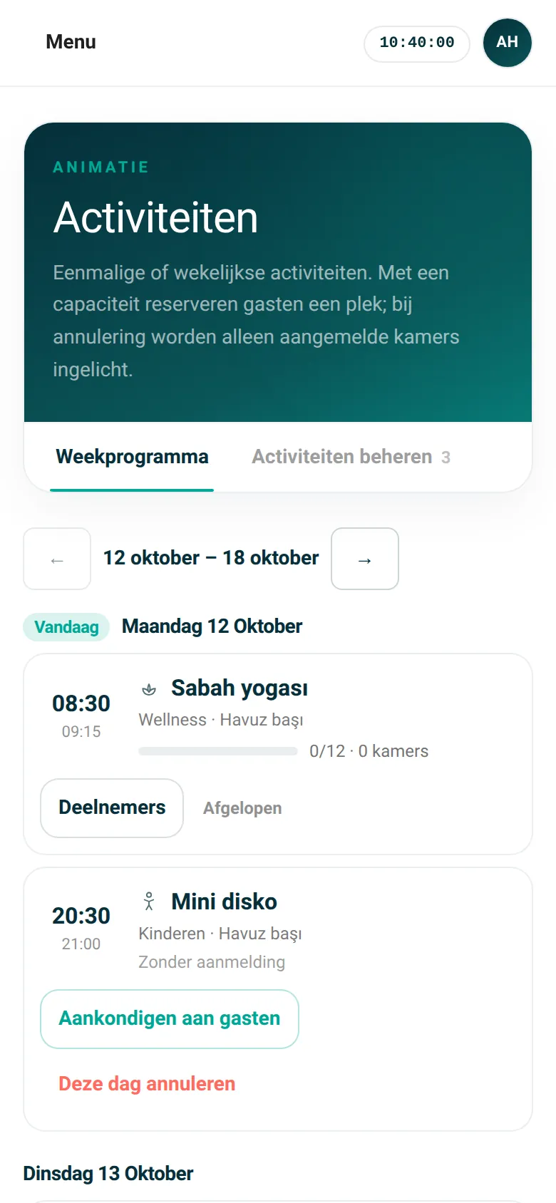 Activiteiten: weekprogramma en plaatsen