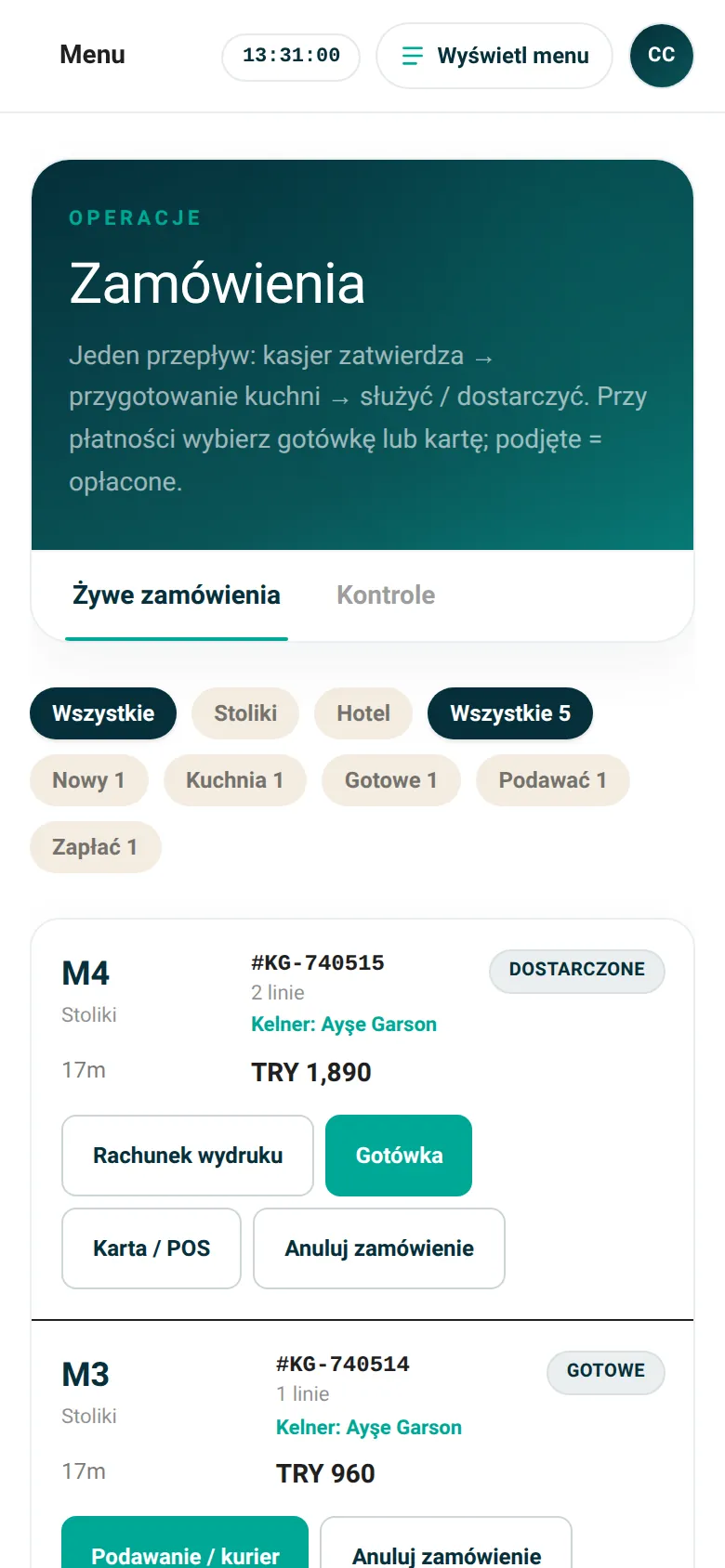 Kawiarnia · Zamówienia