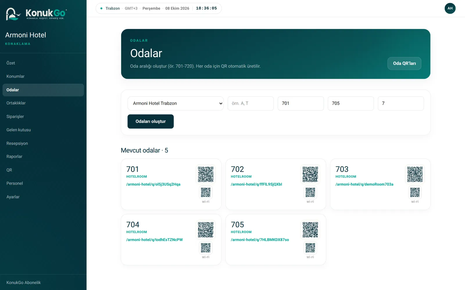 Odalar: her odaya otomatik QR